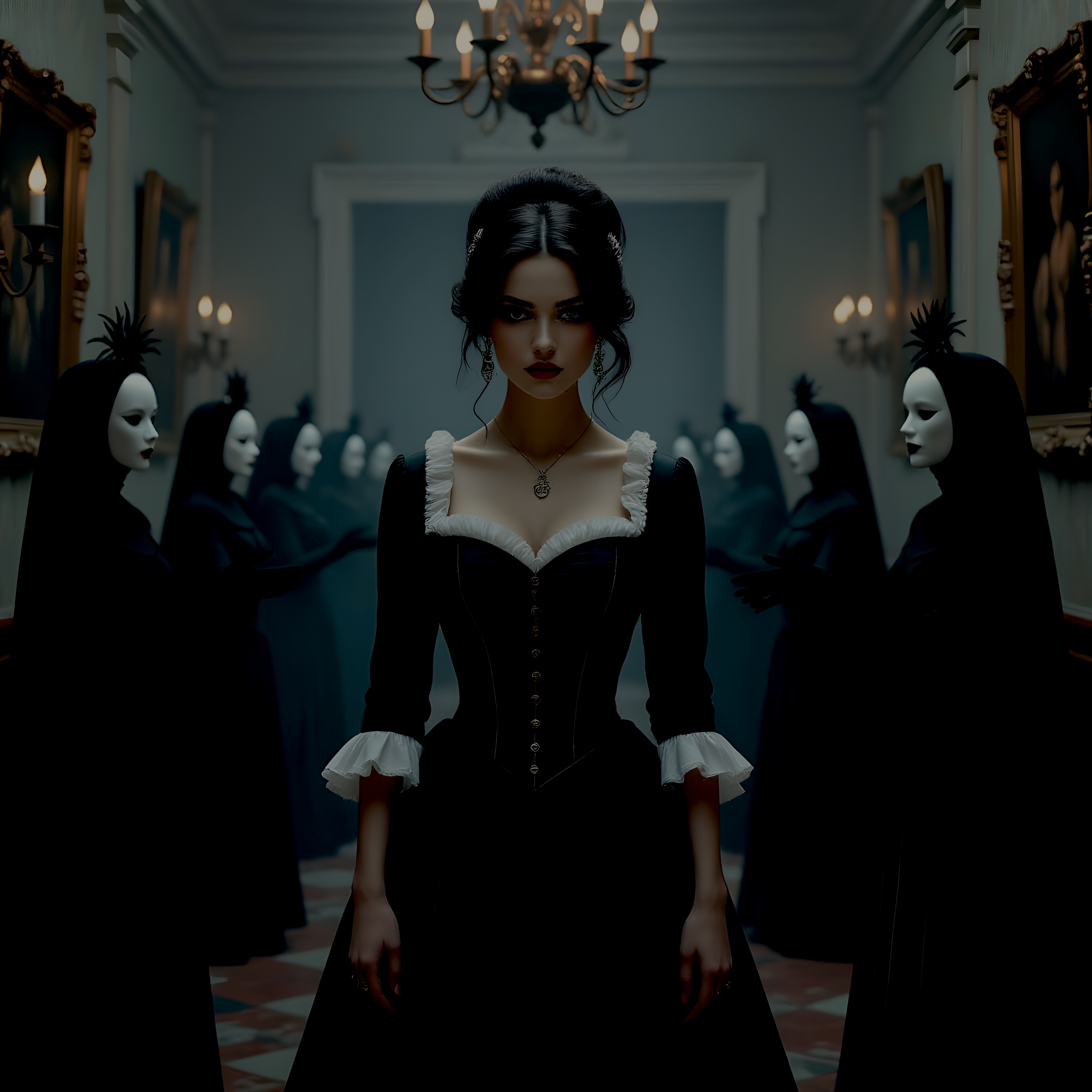 A dark, stylized tableau of Cyn surrounded by masked figures