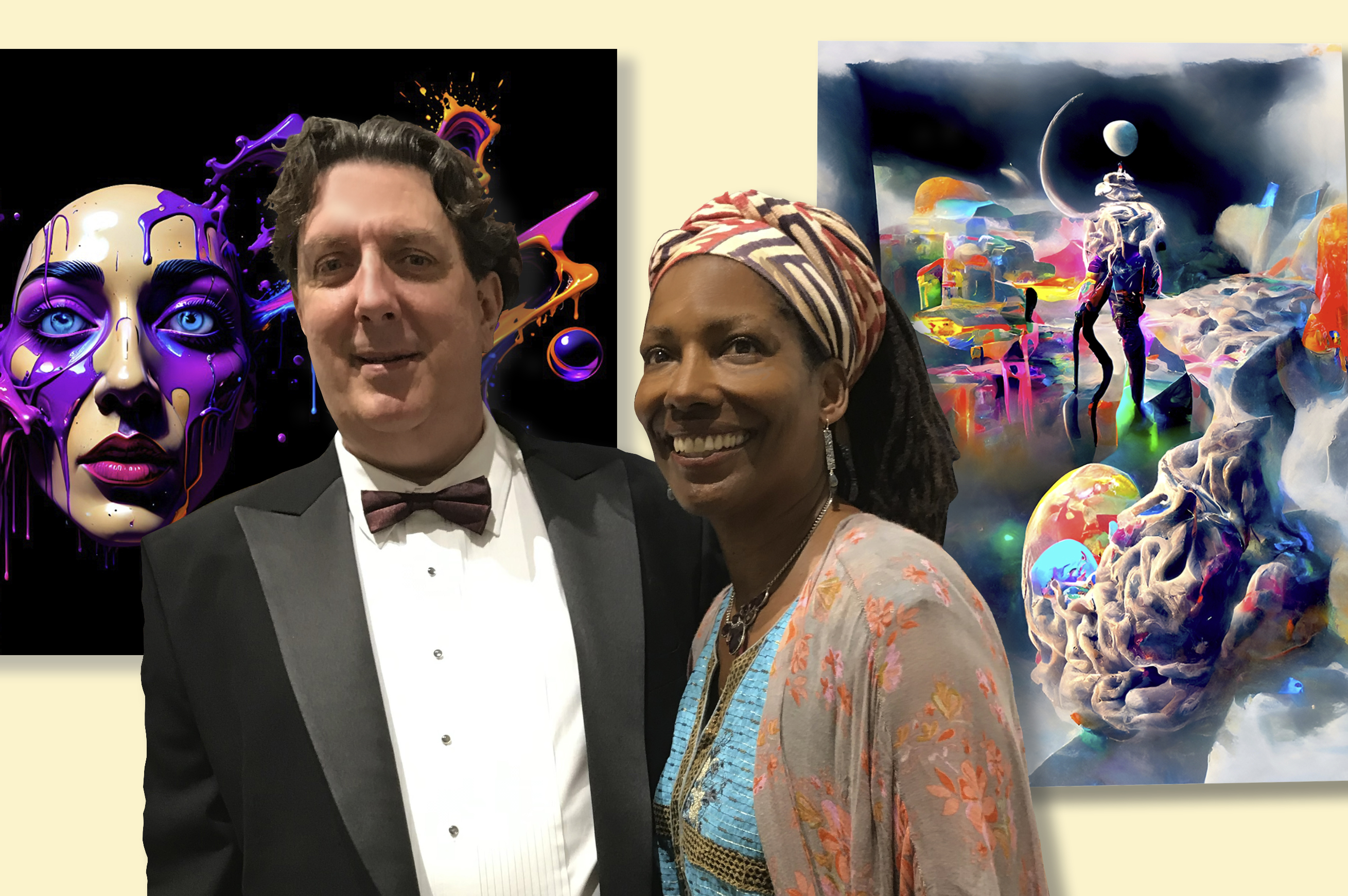 David Bartlett and Michele D'Acosta together in an art gallery beside vivid original artwork